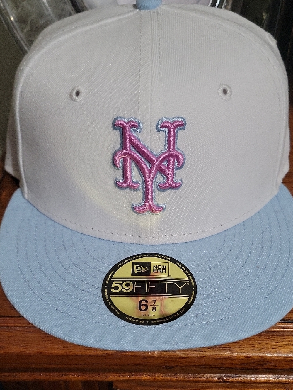 New York Mets Era White Crown Cap with Pink NY Logo and Light Blue Brim